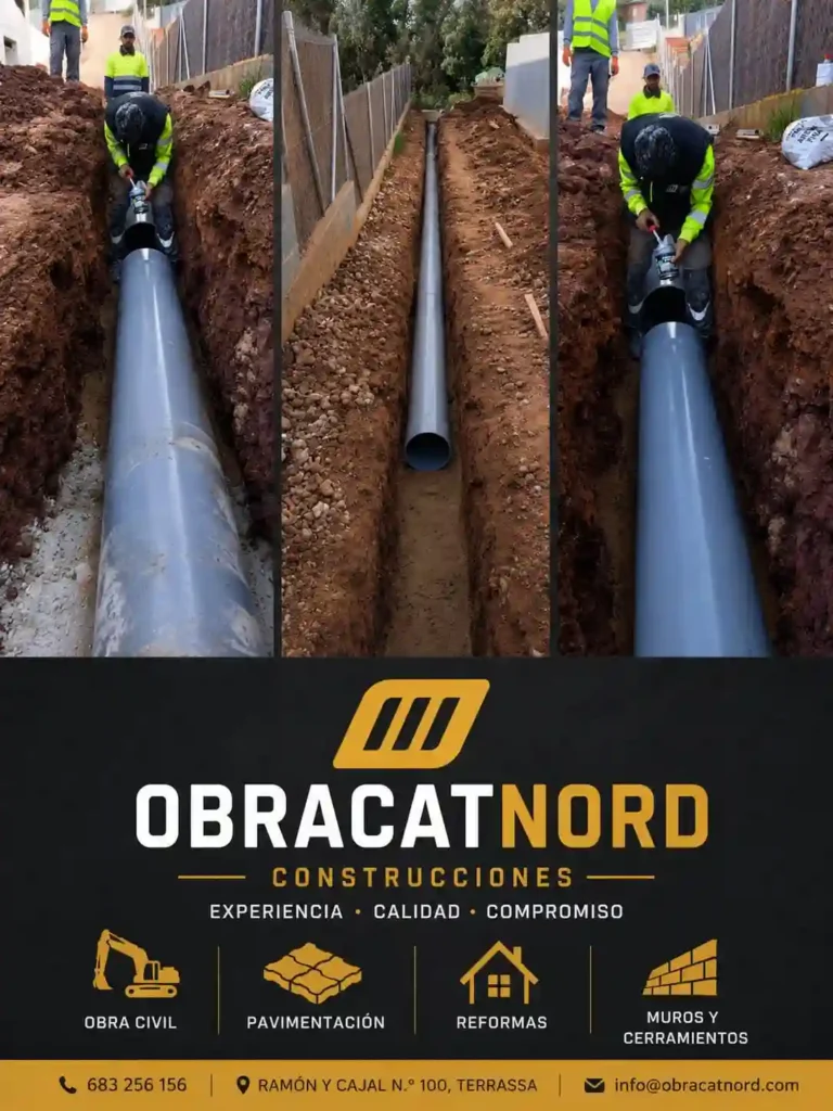 Trabajadores de Obracat Nord realizando la instalación de tuberías para canalizaciones de obra civil en una zanja durante un proyecto de urbanización en Barcelona.